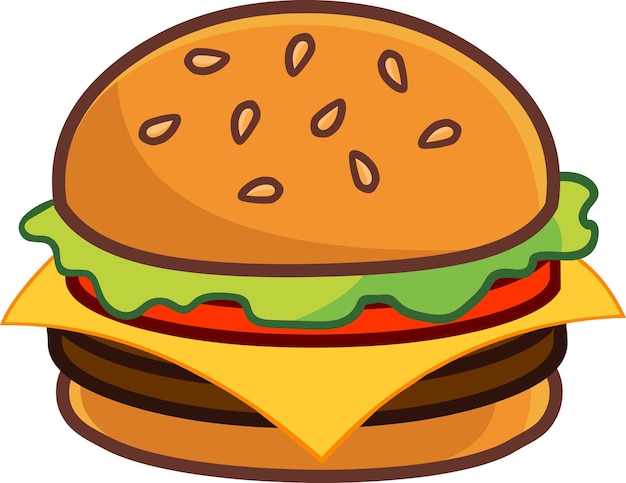 Vector hamburguesa de dibujos animados con lechuga, tomate y queso vector ilustración dibujada a mano