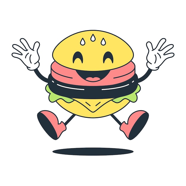 Hamburguesa divertida saltando gesto de saludo lindo personaje de dibujos animados mascota cómica retro 30s estilo de animación icono vector ilustración plana Muy contento alegre hamburguesa con queso sonriente bienvenido emoticono contorno logo