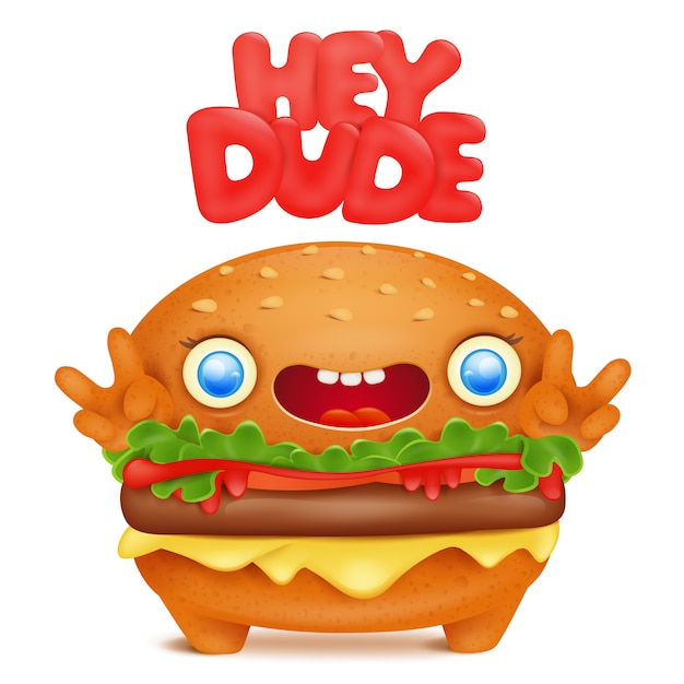 Hamburguesa emoji lindo personaje con hey titulo.