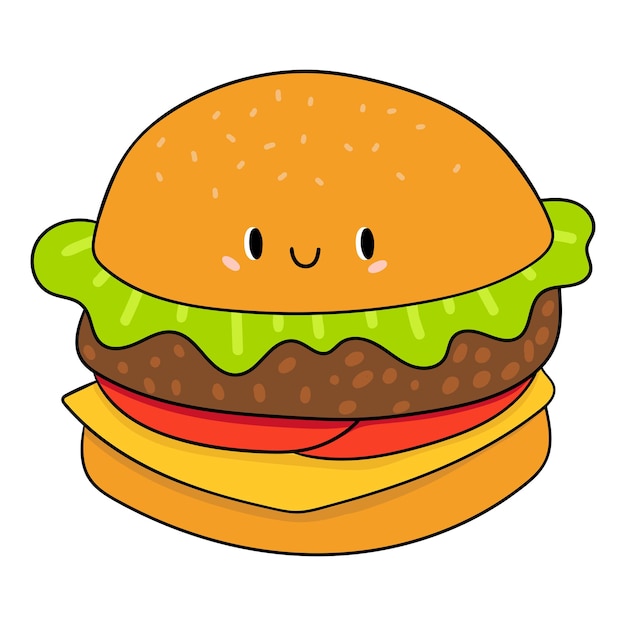 Hamburguesa en estilo de dibujos animados Hamburguesa de dibujos animados con ojos Objetos aislados sobre fondo blanco