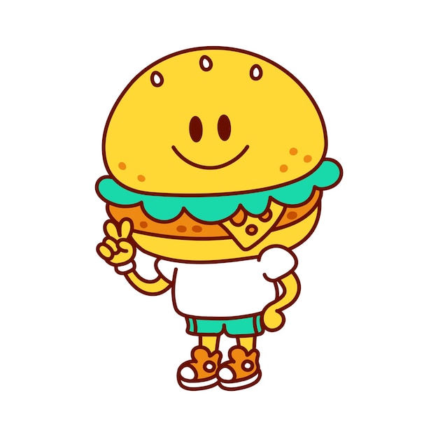 Hamburguesa feliz divertida linda muestra gesto de paz. icono de ilustración de personaje de kawaii de dibujos animados de línea de doodle de vector. aislado sobre fondo blanco. concepto de mascota de dibujos animados de hamburguesa