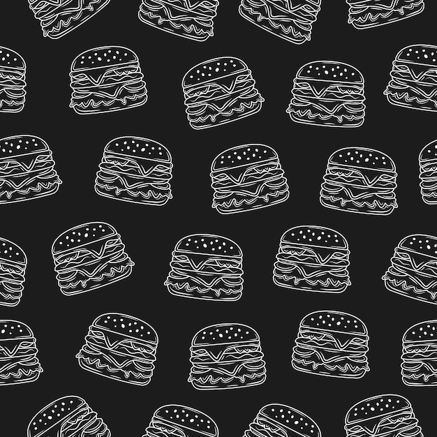 Hamburguesa de fondo Cheeseburger patrón sin costuras en tablero negro dibujo a mano dibujo de hamburguesa motivo