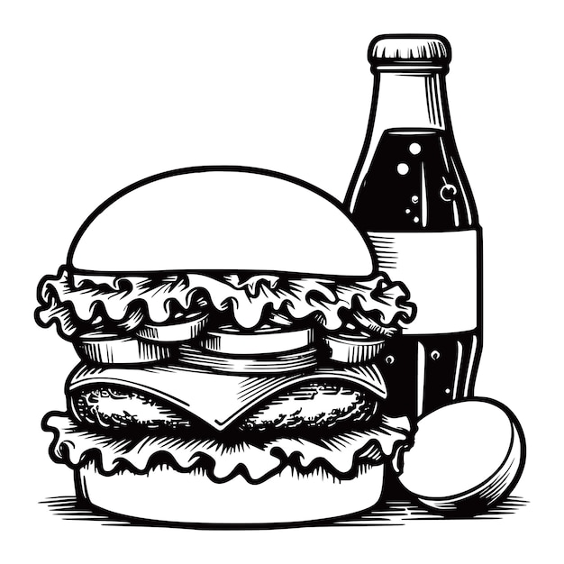 Hamburguesa francesa comida rápida soda línea de dibujo vector sketch ilustración
