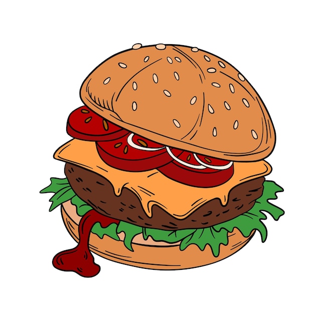 Hamburguesa fresca y jugosa con queso goteante, carne de res, verduras frescas y pan blando con semillas de sésamo.