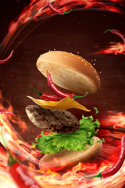 Vector hamburguesa fría caliente volando en el aire con fuego ardiente en la ilustración 3d