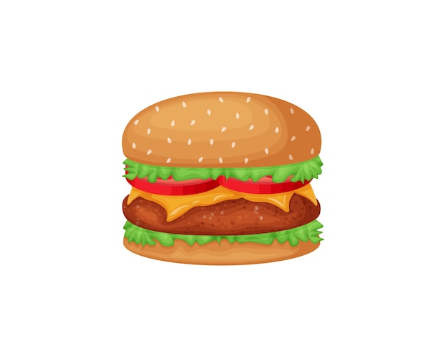 Hamburguesa hamburguesa con chuleta tomates queso y ensalada en un bollo de sésamo ilustración de vector de comida rápida