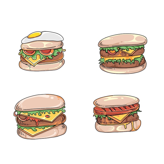 hamburguesa hamburguesa dibujado a mano ilustraciones de garabatos conjunto de vectores