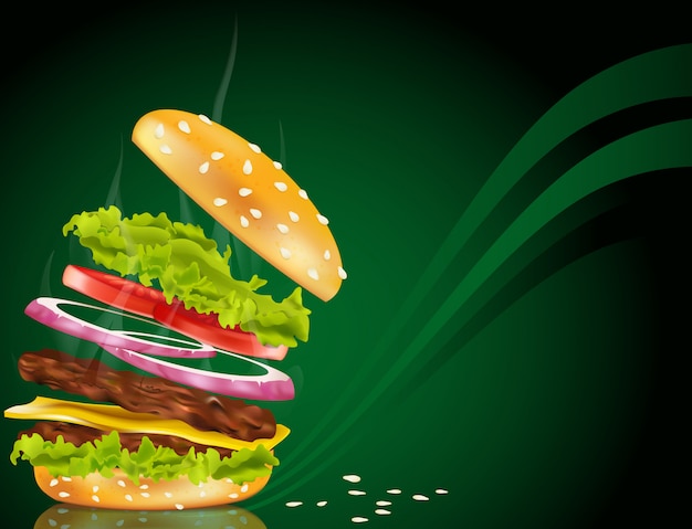 Vector hamburguesa humeante con queso, cebolla y rissole sobre un fondo verde