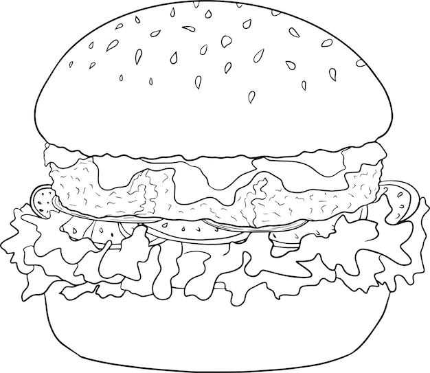 Hamburguesa. Ilustración de comida rápida dibujada a mano por vectores. Dibujos para colorear con comida