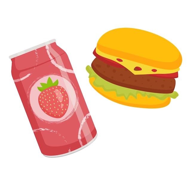 Hamburguesa con ilustración de vector de comida rápida de lata de refresco