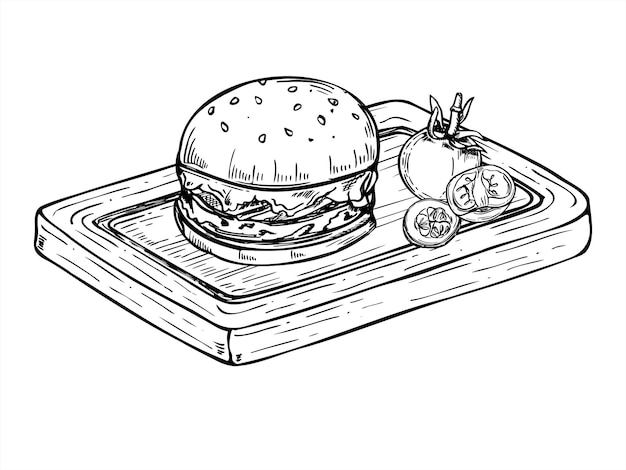 Hamburguesa jugosa con rebanadas de tomate fresco servida en una tabla de madera rústica ilustración vectorial de tinta negra Patata frita de mostaza con verduras queso y carne a la parrilla Para menús de marca de comida rápida