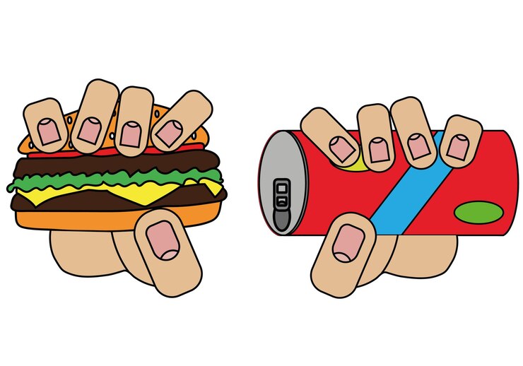 Hamburguesa y lata con bebida en las manos imagen aislada sobre fondo blanco en estilo de dibujos animados en gráfico vectorial