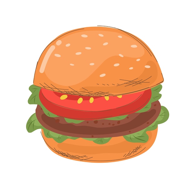 Hamburguesa con lechuga y tomate en estilo de dibujos animados con línea de trama ilustración vectorial