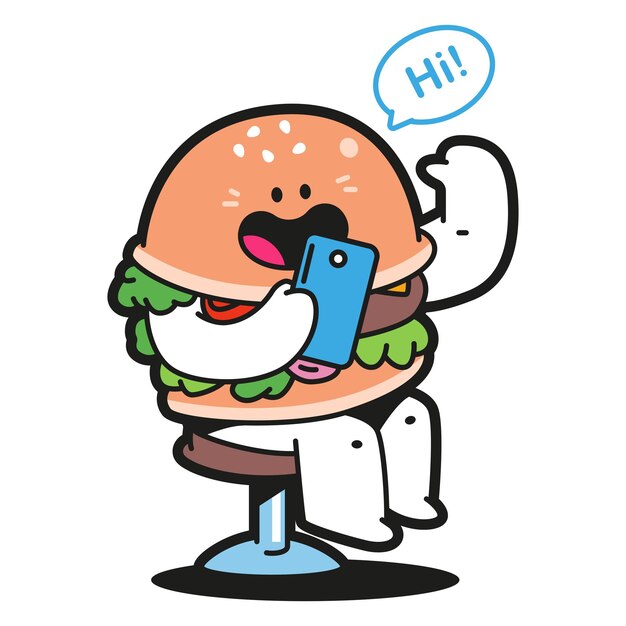 Hamburguesa linda con personaje de dibujos animados vectorial de teléfono inteligente aislado en un fondo blanco