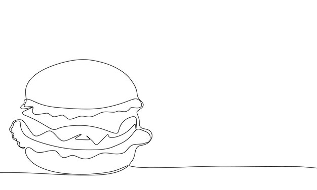 Hamburguesa de una línea continua de línea de arte de hamburguesa de queso contorno pancarta en estilo minimalista dibujada a mano