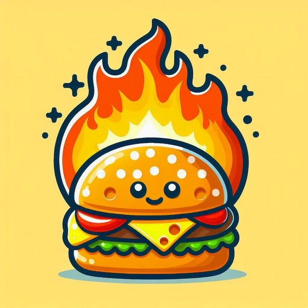 Vector una hamburguesa con llamas en ella y un fuego en ella ilustración de icono vectorial