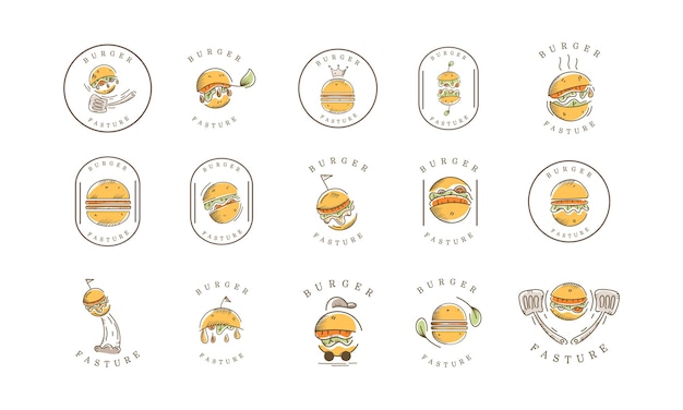 Hamburguesa mano dibujar línea mascota para hamburguesa comida rápida restaurante marca logo diseño set vector