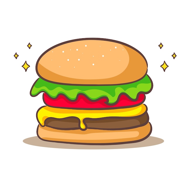 Hamburguesa o hamburguesa con queso estilo plano de dibujos animados Diseño de concepto de comida rápida Fondo aislado