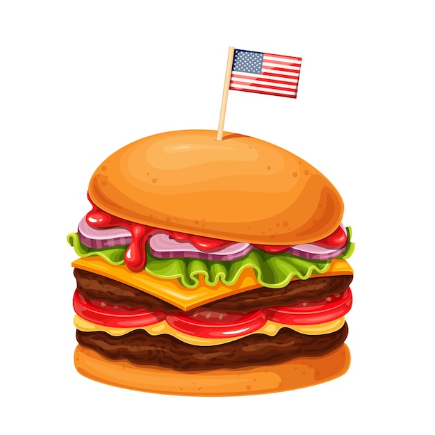 Hamburguesa o hamburguesa con queso con icono de dibujos animados de pinchos de bandera americana