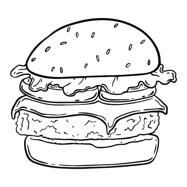 Vector hamburguesa con pan de chuleta de queso tomate lechuga con semillas de sésamo doodle lineal