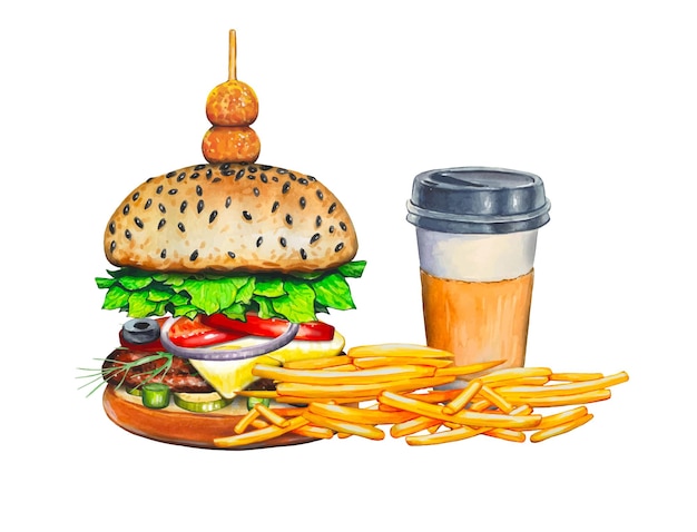 Hamburguesa con papas fritas café Acuarela