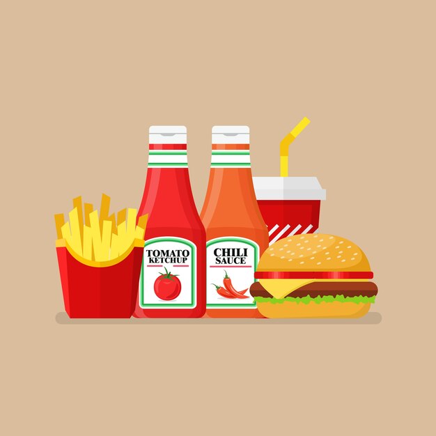 Hamburguesa de papas fritas y refresco con salsa picante y tomate