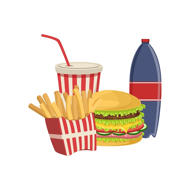 Hamburguesa, papas fritas, refrescos, comida rápida, vector de comida estadounidense ilustración aislada en un fondo blanco.