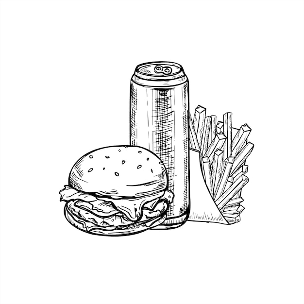 Hamburguesa patatas fritas en paquete de papel y lata de bebida de metal boceto gráfico de línea de arte dibujo en blanco y negro de hamburguesa de sésamo con carne y verduras patata frita bebida gaseosa comida callejera estadounidense