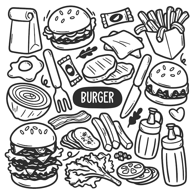 Hamburguesa pegatinas dibujado a mano doodle para colorear vector