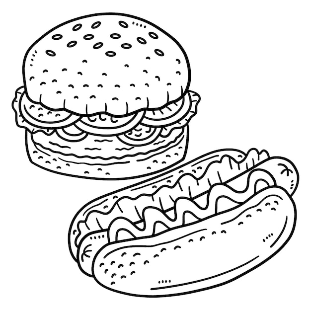 hamburguesa, y, perrito caliente, aislado, página para colorear