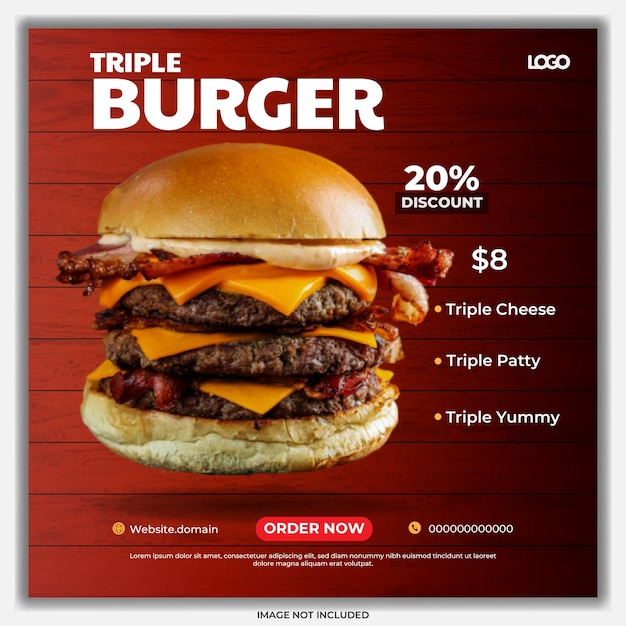 Vector hamburguesa post editable plantilla de redes sociales diseño de comida estandarte restaurante con fondo de madera