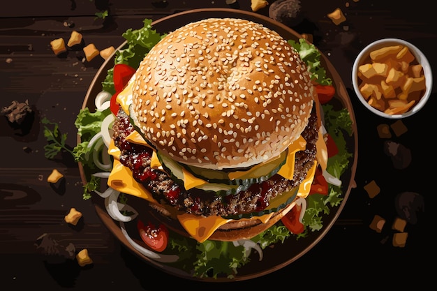 Vector hamburguesa con queso clásica con queso de ternera, tocino, tomate, cebolla y lechuga aislada sobre fondo blanco