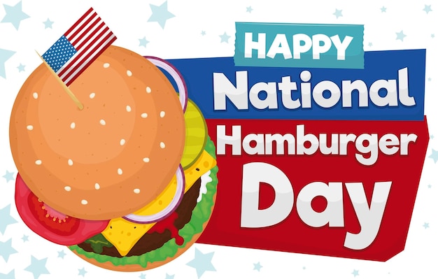 Vector hamburguesa con queso decorada con un palillo y una bandera americana para el día nacional de la hamburguesa
