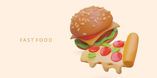 Hamburguesa sabrosa realista en 3D y porción de pizza Comprar o pedir comida rápida en la tienda