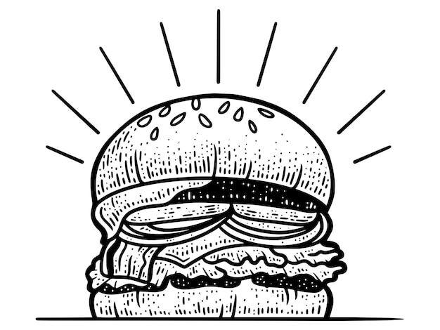 Hamburguesa Sándwich grande Imagen de boceto de arte lineal Dibujado a mano
