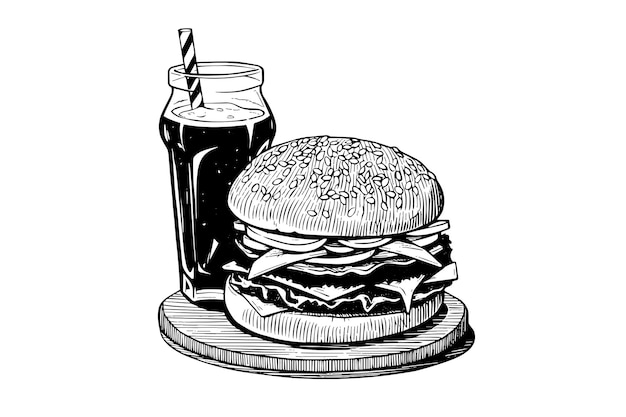 Hamburguesa y soda grabado estilo arte Ilustración de vector dibujado a mano de hamburguesa