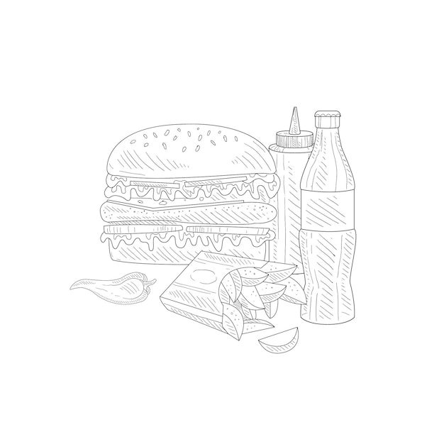 Hamburguesa soda y papas fritas comida rápida comida boceto realista dibujado a mano