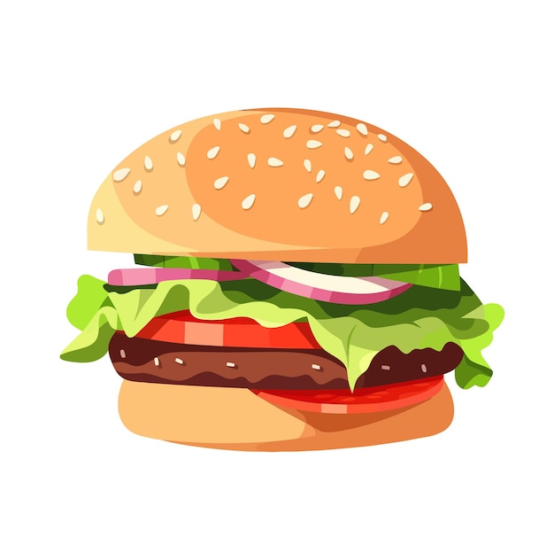 Hamburguesa de ternera Comida rápida americana Hamburguesa con salsa de verduras de carne entre bollos Aislado sobre fondo blanco Ilustración de dibujos animados vectoriales