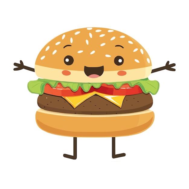 Hamburguesa vectorial con brazos y piernas personaje de dibujos animados sobre fondo blanco