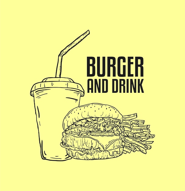 hamburguesa vectorial dibujada a mano y bebida aislada en un fondo amarillo