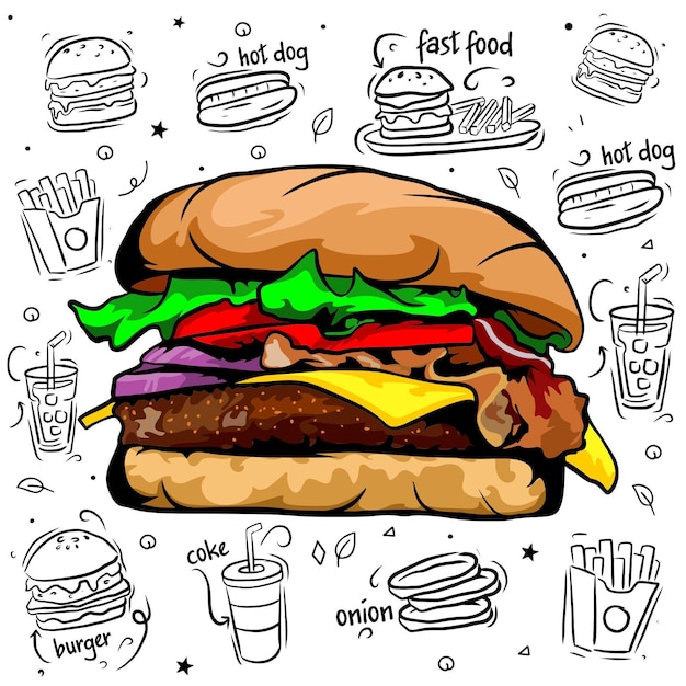 Hamburguesa vectorial - Hamburguesa dibujada a mano - Hamburguesa de ilustración - Hamburguesa de croquis