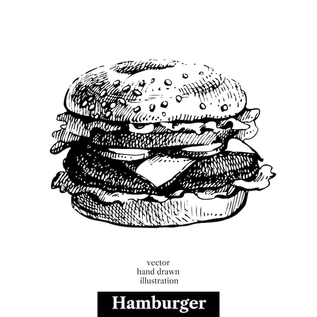 Hamburguesa Vintage comida rápida dibujado a mano boceto ilustración Fondo aislado Diseño de menú