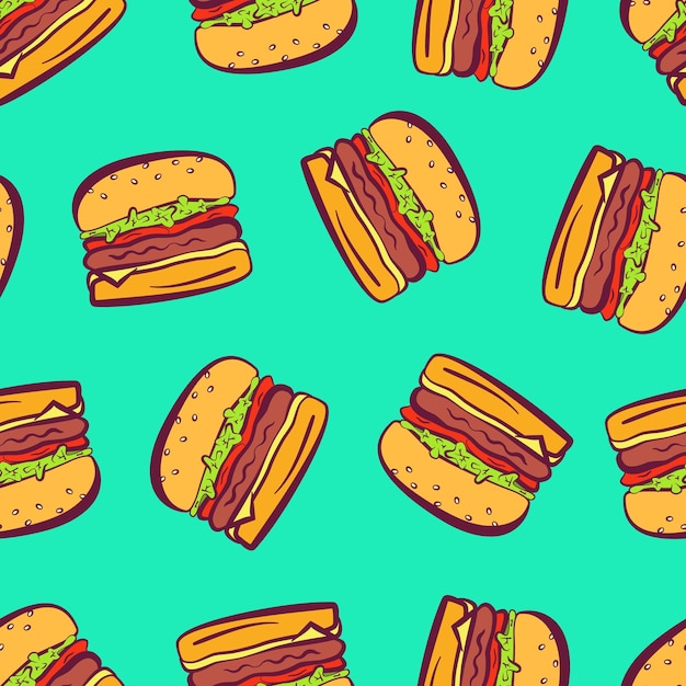 Hamburguesas brillantes de dibujos animados en patrón transparente verde