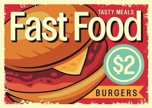 Hamburguesas comida rápida restaurante retro muestra pold estaño fondo vector ilustración