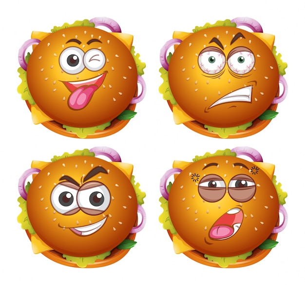 Vector hamburguesas con cuatro expresiones diferentes