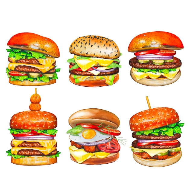 Con hamburguesas dibujadas a mano y ilustraciones de alimentos en acuarela