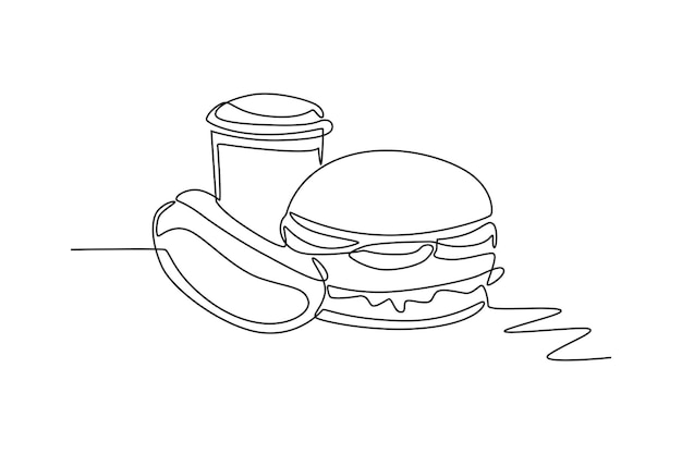 Hamburguesas perritos calientes y Coca-Cola Concepto de comida y bebida dibujo en línea