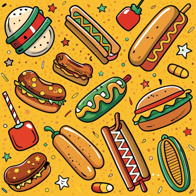 Hamburguesas de perritos calientes de dibujos animados y maíz sobre un fondo amarillo