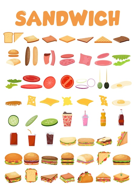 Hamburguesas y sándwiches Set Ingredientes panes queso tocino tomate cebolla lechuga pepinos cebolla encurtido carne de res jamón Ilustración vectorial