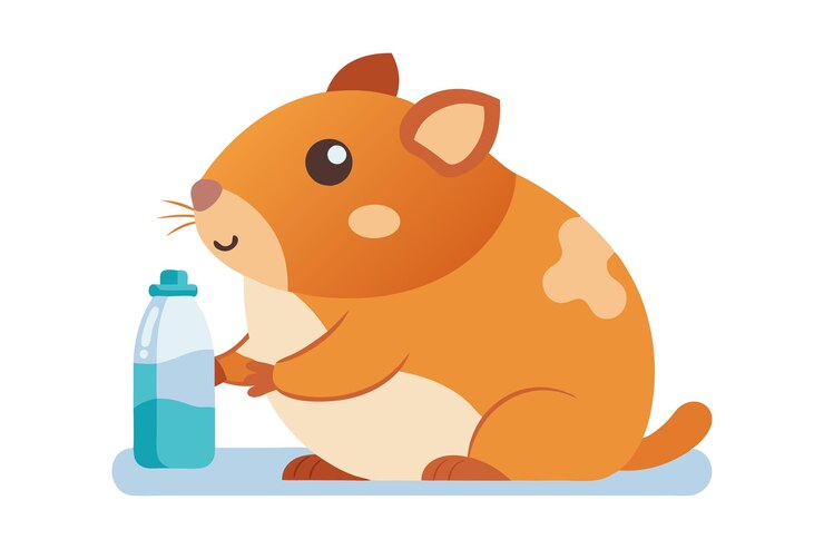 Vector hamster de dibujos animados con botella de agua aislada sobre un fondo blanco